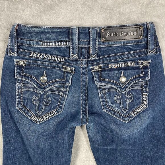 Rock Revival Celine Boot Cut Jeans Womens Size 26 Dark Wash Denim Flap Pocket - Picture 1 of 13